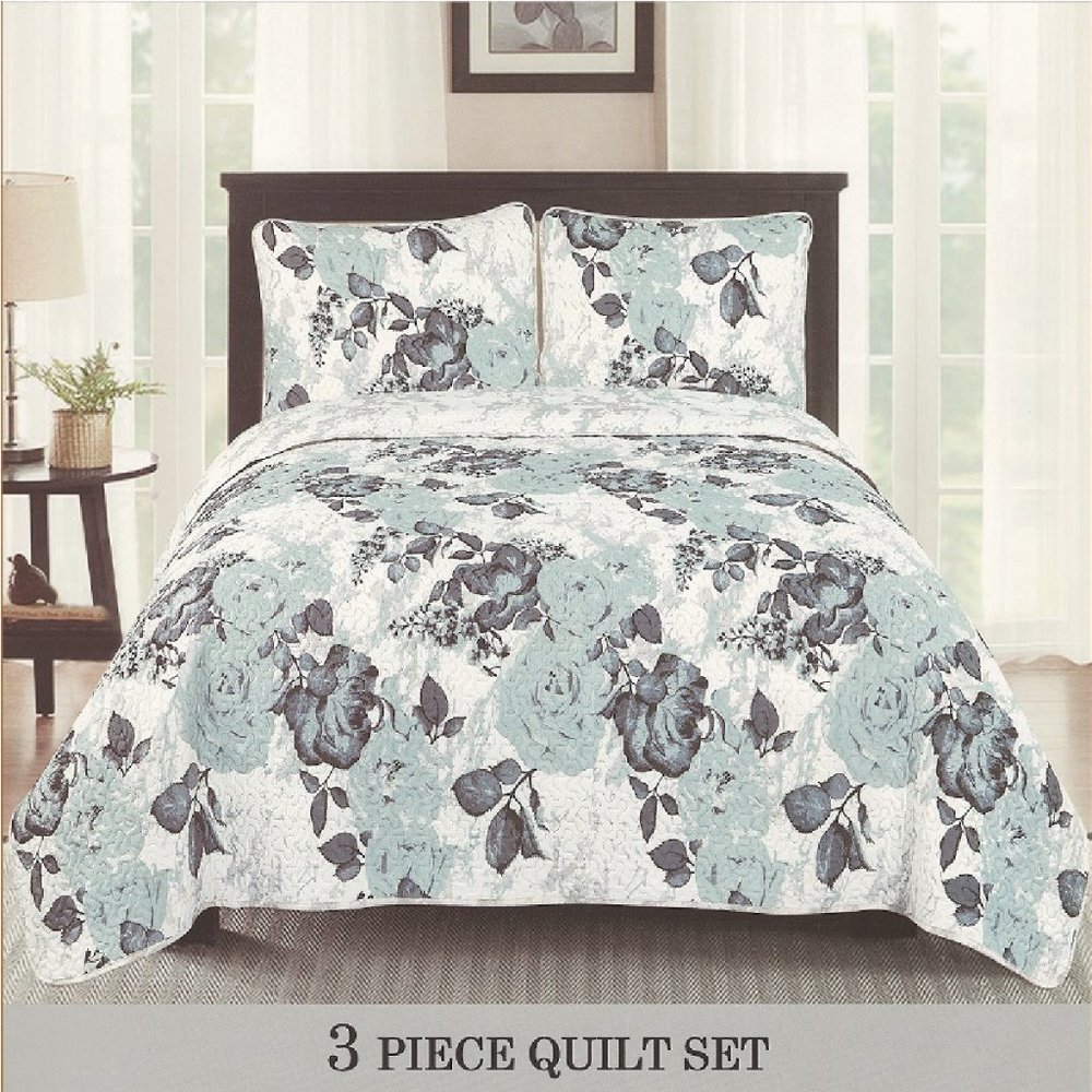 3 Piece Quilted Bedspread Set - White Base with Roses - Floral Bedding Set